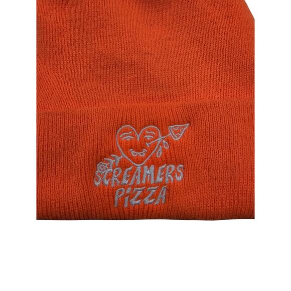 Vintage Y2K Screamers Pizza Embroidered Knit Winter Beanie Hat Orange - Picture 2 of 3